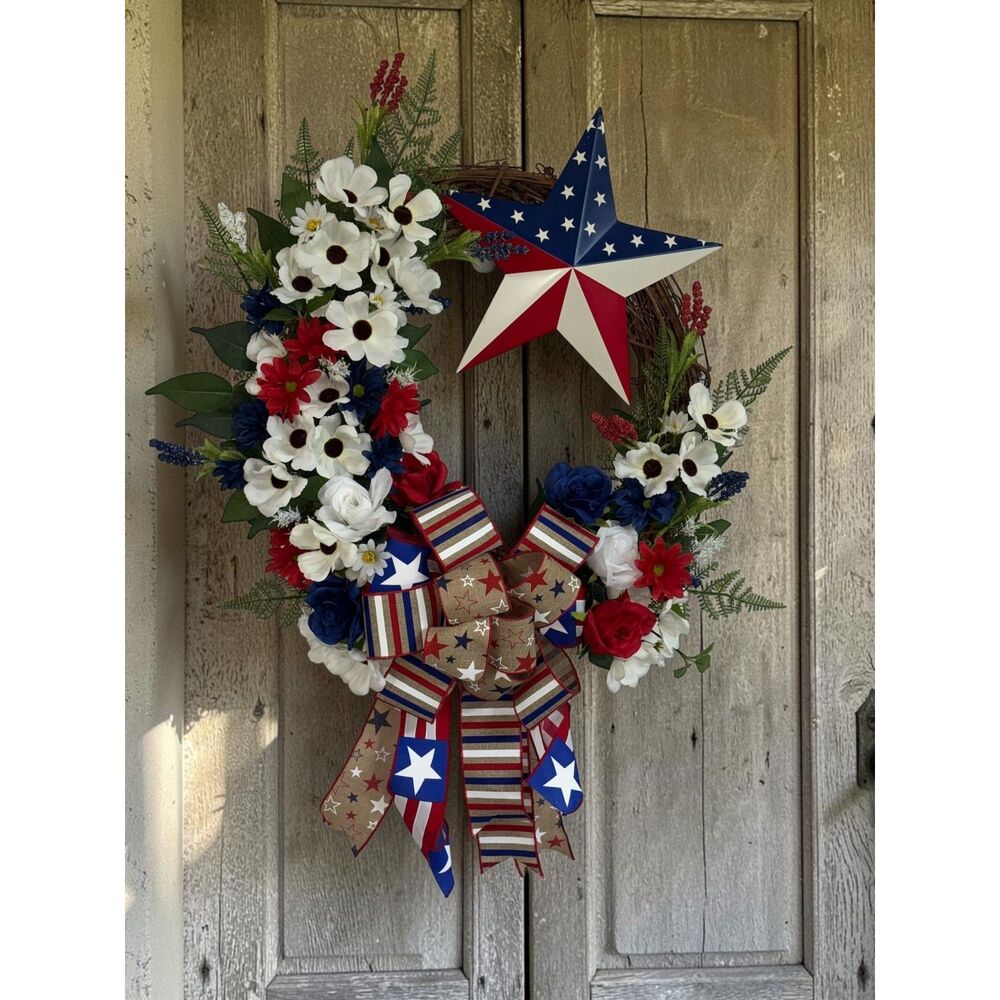 Patriotic Floral Grapevine Wreath with Red White Blue Metal Star |  Door Décor